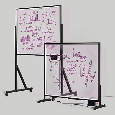 Musical Instruments and Art Supplies Display on Wheeled Whiteboard Stands with Purple Math Charts and Formulas 3d model