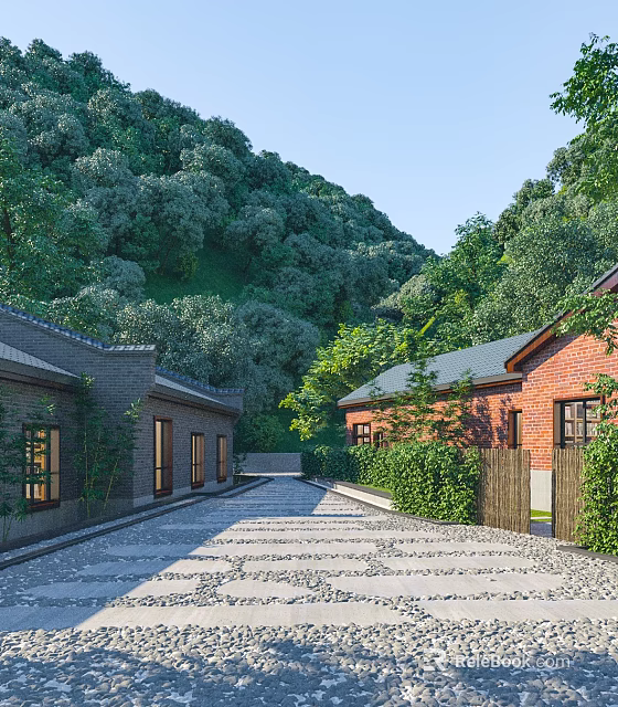 Industrial Factory Building Exterior With Red Brick Walls Green Trees Mountain View And Stone Pathway 3d model 
