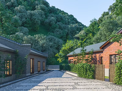 Industrial Factory Building Exterior With Red Brick Walls Green Trees Mountain View And Stone Pathway 3d model