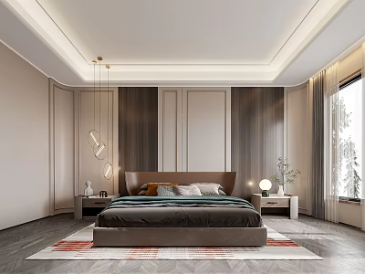 Elegant Modern Bedroom With Large Bed Nightstands Pendant Lights Wooden Wall Panels And Area Rug 3d model