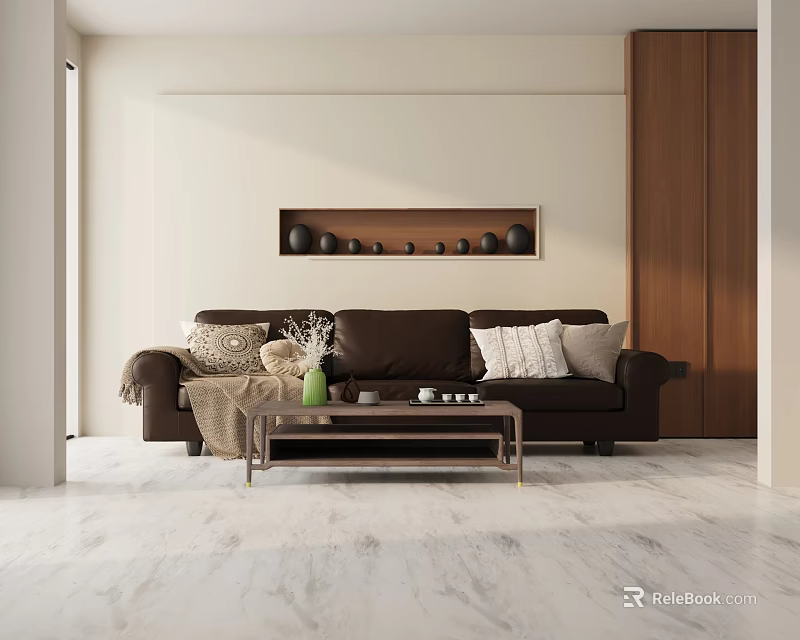 Modern Brown Three Seater Sofa with Pillows Coffee Table and Decorative Shelf in Living Room 3d model 