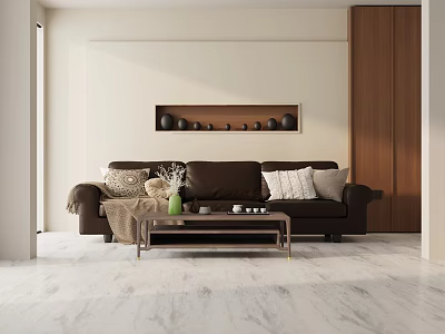 Modern Brown Three Seater Sofa with Pillows Coffee Table and Decorative Shelf in Living Room 3d model