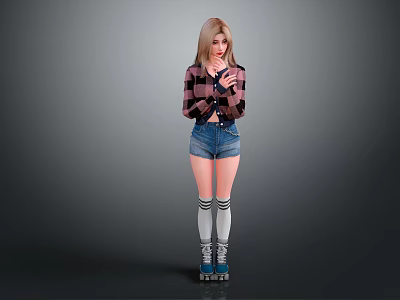 Blonde Woman in Plaid Shirt and Denim Shorts with Striped Socks on Roller Skates 3d model