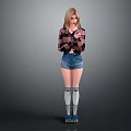 Blonde Woman in Plaid Shirt and Denim Shorts with Striped Socks on Roller Skates