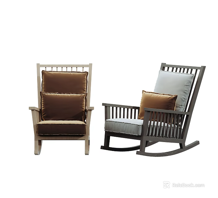 Comfortable Wooden Leisure Chair and Rocking Chair with Brown Light Gray Cushions 3d model 
