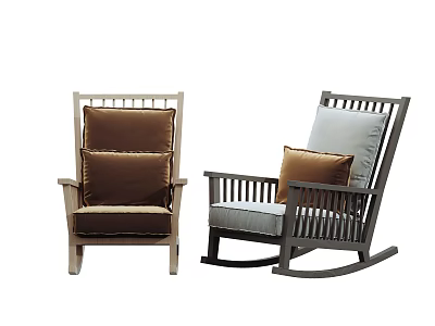 Comfortable Wooden Leisure Chair and Rocking Chair with Brown Light Gray Cushions 3d model