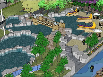 Scenic Plaza Landscape With Water Features Palm Trees Stone Pathways And Yellow Boats 3d model