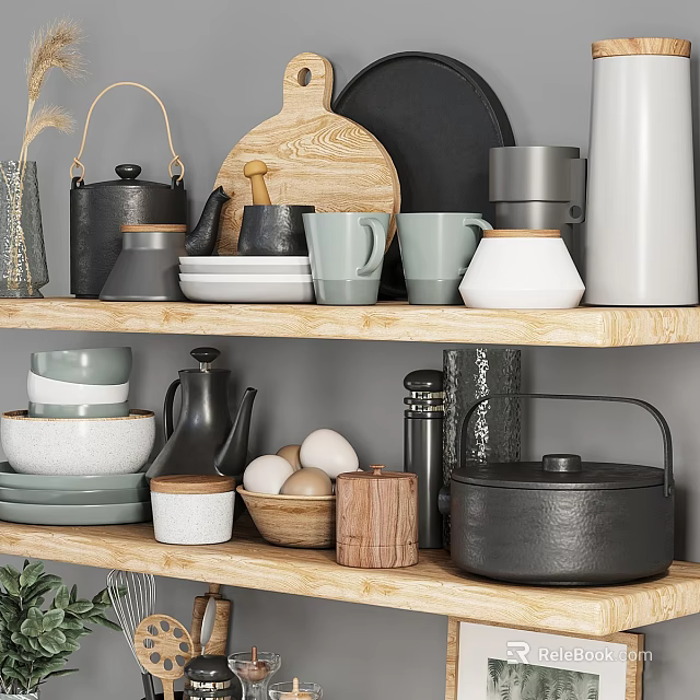 Modern Ceramic Kitchenware with Mugs Plates Bowls Teapot and Jars on Wooden Shelves 3d model 