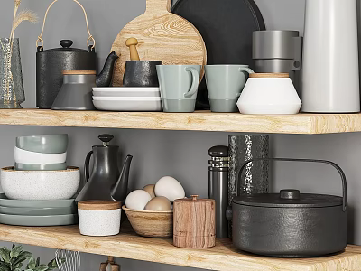Modern Ceramic Kitchenware with Mugs Plates Bowls Teapot and Jars on Wooden Shelves 3d model