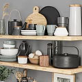 Modern Ceramic Kitchenware with Mugs Plates Bowls Teapot and Jars on Wooden Shelves