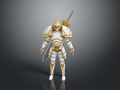 Mythical Golden And White Armored Warrior Holding Long Sword In Standing Stance 3d model
