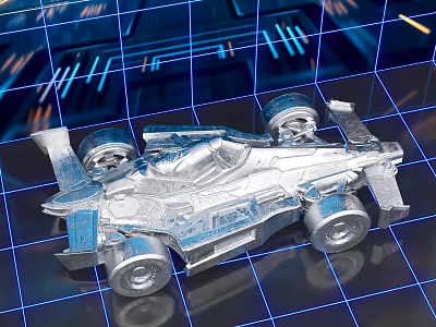 Futuristic Photo Spot With Silver Toy Racing Car Blue Grid And Glowing Lines 3d model