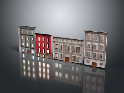 Architectural Building Models In Various Colors And Styles With Windows Doors And Reflective Ground 3d model