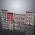 Architectural Building Models In Various Colors And Styles With Windows Doors And Reflective Ground