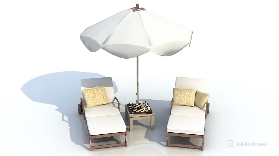 Outdoor Furniture Set With White Umbrella Lounge Chairs Yellow Cushions Small Table And Chess Set 3d model 