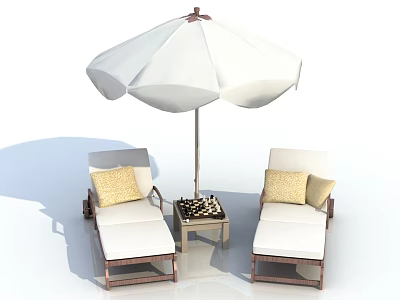Outdoor Furniture Set With White Umbrella Lounge Chairs Yellow Cushions Small Table And Chess Set 3d model