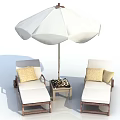 Outdoor Furniture Set With White Umbrella Lounge Chairs Yellow Cushions Small Table And Chess Set