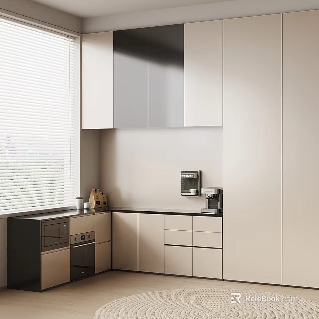 Modern Kitchen Interior Design With White Gray Cabinets Coffee Machine Drawers And Oven 3d model 