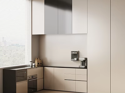 Modern Kitchen Interior Design With White Gray Cabinets Coffee Machine Drawers And Oven 3d model