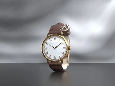 Elegant Wrist Watch With Brown Leather Strap Gold Case And White Dial 3d model
