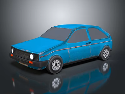 Vintage Blue Car With Scratched Exterior And Shiny Surface Reflection 3d model