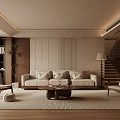 Modern Living Room Interior Design With Beige Sofa Wooden Coffee Table Armchairs And Staircase
