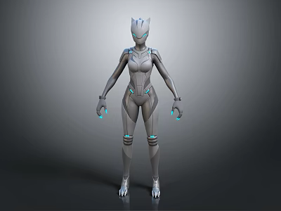 Futuristic Female Game Movie Character In Metallic Suit With Glowing Accents And Cat Ear Design 3d model