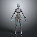 Futuristic Female Game Movie Character In Metallic Suit With Glowing Accents And Cat Ear Design