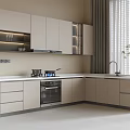 Modern Minimalist Kitchen Interior With Light Colored L Shaped Cabinets And Countertop Appliances