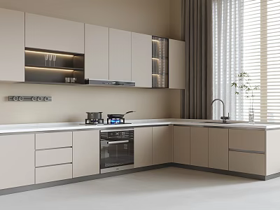 Modern Minimalist Kitchen Interior With Light Colored L Shaped Cabinets And Countertop Appliances 3d model