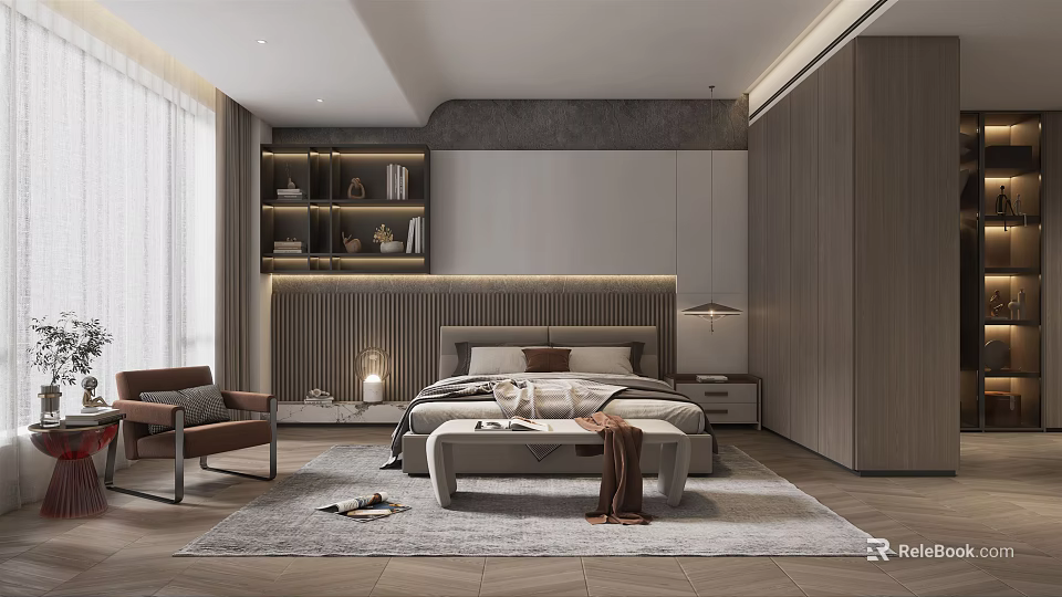 Modern Bedroom Interior Design With Platform Bed Nightstand Accent Chair Soft Rug And Bookshelf 3d model 
