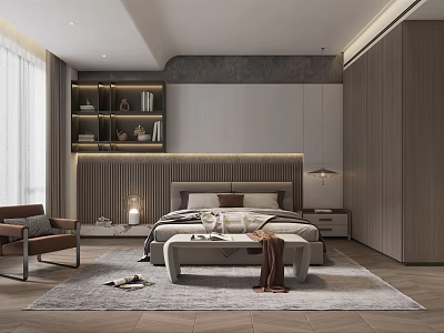 Modern Bedroom Interior Design With Platform Bed Nightstand Accent Chair Soft Rug And Bookshelf 3d model