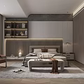 Modern Bedroom Interior Design With Platform Bed Nightstand Accent Chair Soft Rug And Bookshelf