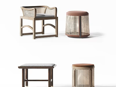 Wooden Frame Stools With Woven Details And Upholstered Seats In Various Designs 3d model
