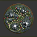 Cartoon Scene With Circular Platform Snowy Mountains Winding Rivers And Red Flowers