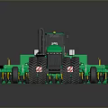 Green Agricultural Tractor With Attached Cultivator And Large Yellow Rim Wheels