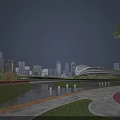 Scenic Urban Park Landscape With Water Pond Red Gray Pathway Green Lawn And Trees
