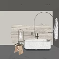 Modern Bathroom Interior Design With Marble Bathtub Wooden Textured Wall Arched Metal Frame And Towels