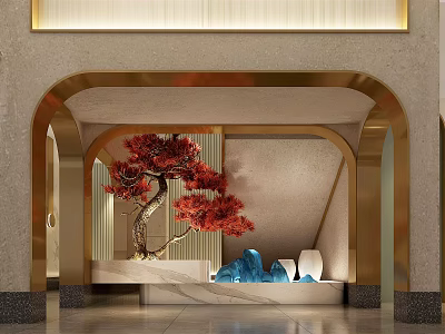 Luxury Modern SPA Sauna Entrance With Arched Design Red Tree Blue Stones And White Containers 3d model