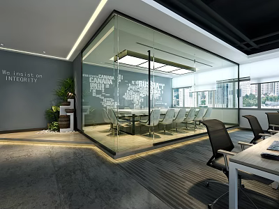 Modern Conference Room Interior Design With Glass Partition Whiteboard Chairs And City View 3d model