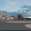 Wanda Plaza Office Building With Red Brick Facade Tall Buildings And Cloudy Sky View