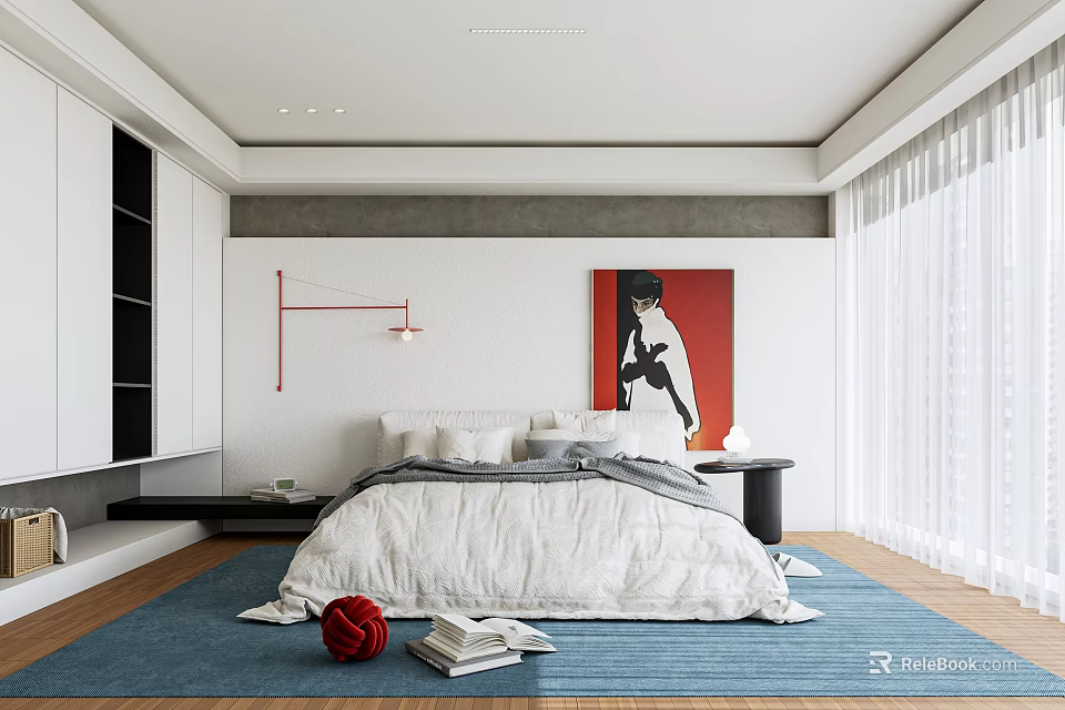 Modern Bedroom Interior With White Bedding Red Artwork Blue Rug And White Curtains 3d model 
