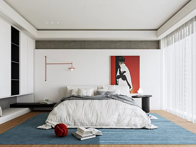 Modern Bedroom Interior With White Bedding Red Artwork Blue Rug And White Curtains 3d model