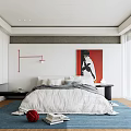 Modern Bedroom Interior With White Bedding Red Artwork Blue Rug And White Curtains