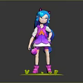 Cute Cat Eared Character With Blue Hair In Pink Dress Holding Pink Bag On Green Base
