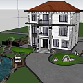 Two Story Detached Villa with White Exterior Dark Roof Porch and Lush Green Surroundings