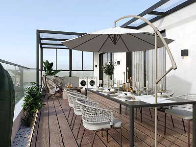 Modern Terrace Garden Design With Wooden Floor Dining Table And Chairs Umbrella And Green Plants 3d model