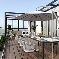Modern Terrace Garden Design With Wooden Floor Dining Table And Chairs Umbrella And Green Plants