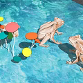 Garden Ornaments Featuring Frog Sculptures And Colorful Stools On Water Surface