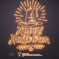 Halloween Neon Lighting Combination With Wizard Hat Happy Halloween And Decorative Leaves